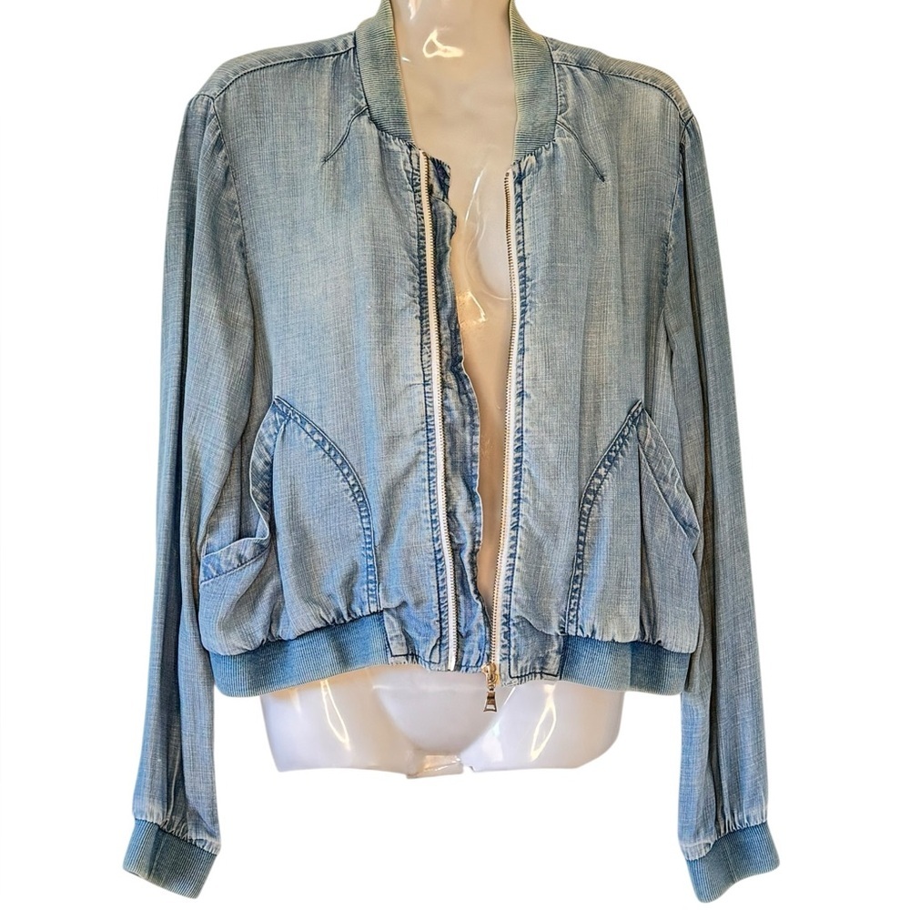 Cloth & Stone Chambray Bomber Jacket Tencel Small Full Zipper 2 Pockets Blue - Picture 2 of 10